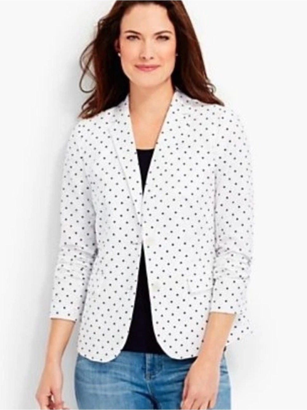 Talbots White & Navy Polka Dot Blazer Linen Cotton Blend Lined 6p